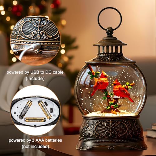Christmas Snow Globes Water Lantern with Cardinal, Music & 6H Timer, USB Lined/Battery Operated Lighted Lanterns for Xmas Festival Decoration Gifts - Image 3
