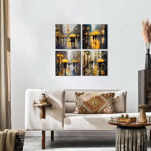 Abstract Wall Art Modern Rain Canvas Prints Decor Girls Umbrella Walking in Street Figure Artwork for Living Room Yellow Dusk Paris Landscape Pictures Couple Bedroom Bathroom Home Decoration 20x20" 4P - Image 5