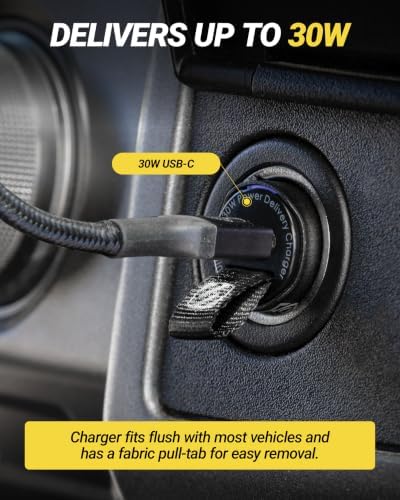 Scosche CPDC30 Mini USB-C 30W Car Charger for Cigarette Lighter Outlet, Power Adapter Plug with 4 FT Long USBC to Type-C Fast Charging Cable Cord Compatible with Android, iPhone & iPad, Black