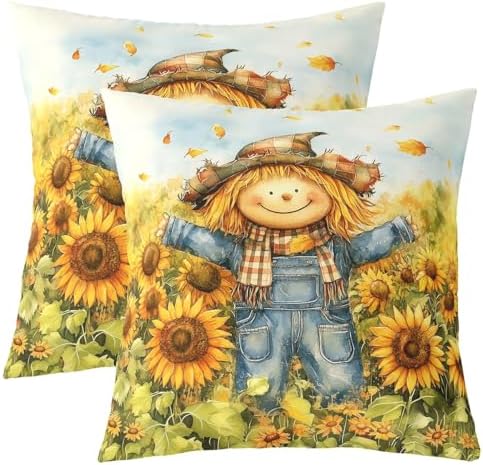 Fall Scarecrow Pillow Case Covers 2 Pack 22"x 22",Rustic Yellow Sunflower Fall Maple Leaves 2 Reversible Print Pillow Covers,Cabin Farmhouse Autumn Harvest Throw Sofa Pillow Covers by Manfei