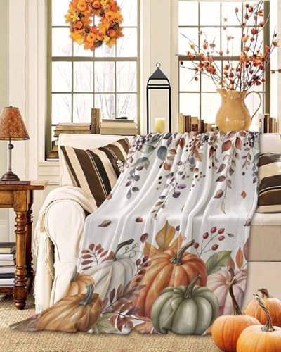 DecorLovee Vintage Fall Blanket 50"x60", Reversible Thanksgiving Throw Blanket for Couch/Bed, Orange Sage Green Pumpkins Lightweight Soft Throw Blankets for Women, Warm Fuzzy Blankets for Winter - Image 2