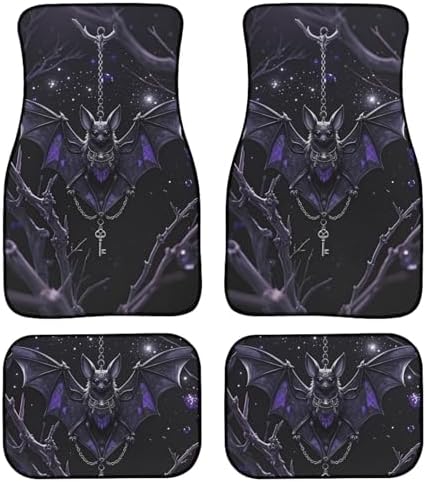 Gothic Bat Car Rubber Floor Mat Halloween Bat Chain Shackle 4PCS Front and Rear Mats Rubbers Non-Slip Floor Mats Heel Pad Realistic Bats Thorn Fit for SUV Van Truck Car