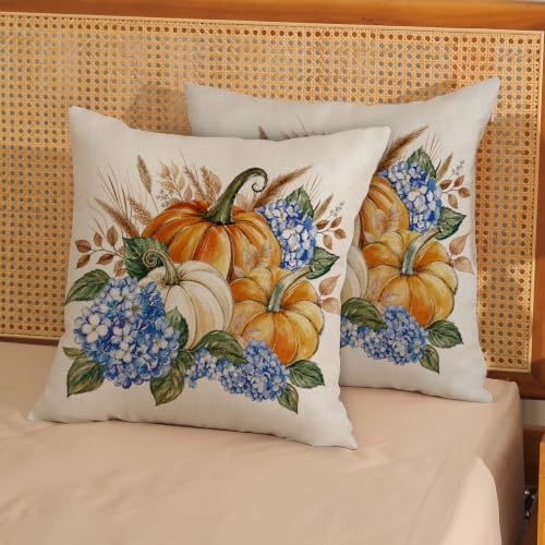 Fall Orange Pumpkin Hydrangea Floral Pillow Covers 18x18 Set of 2 - Image 3
