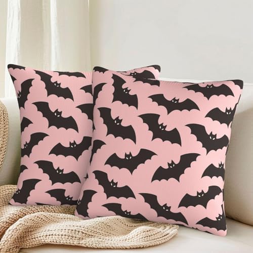 KiuLoam Halloween Pink Black Bats Pillow Covers 24x24 Inch Set of 2, Spooky Bat Print Decorative Throw Pillows, Rustic Farmhouse Outdoor Cushion Covers for Sofa Couch Living Room Bedroom - Image 2