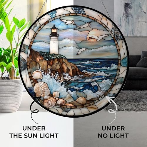 Stained Glass Window Hanging, Coastal Lighthouse Suncatcher Diamond Glass Panel Landscape Sun Catchers Decor for Birthday for Women, Men, Wife, Aunt, and Mom 7.8 in - Image 3