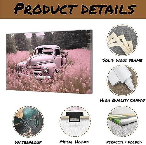 QIXIANG Farmhouse Truck Wall Art for Bedroom Decor Pink Truck and Flowers Picture Prints on Canvas for Bathroom Home with Framed (12.00" x 18.00", Pink) - Image 6