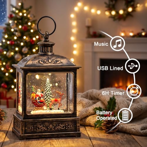 Christmas Snow Globe Lantern Water Glittering Santa Sleigh & Reindeer Scene with Music, USB Lined/Battery Operated Lighted Lantern for Christmas Festival Decoration Gifts - Image 3