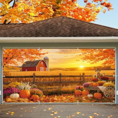 Fall Thanksgiving Garage Door Cover 7x16ft Large Hanging Backdrop Decorations Autumn Farm Harvest Friendsgiving Party Double Garage Door Banner Fabric Photo Background Outdoor by Unknown