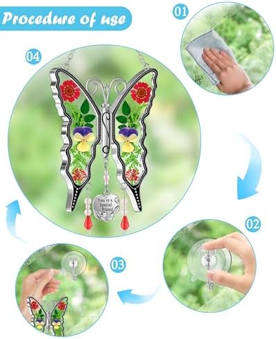 KY&BOSAM Butterfly Suncatcher You`re a Special Friend Gift Glass Suncatchers for Window Hanging Wind Chime Ornament with Pressed Real Flower and Heart Charm Birthday Gift for Mother`s Day Valentine`s - Image 3
