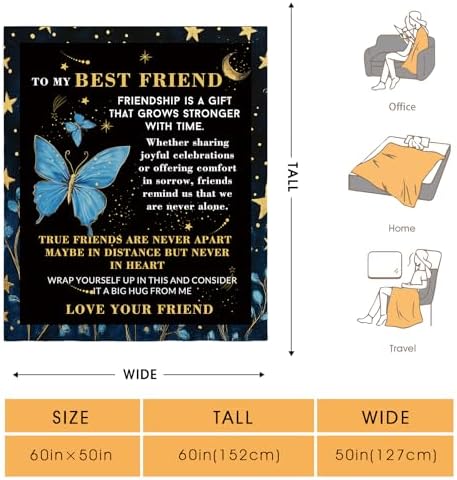 Best Friend Friendship Gifts Blanket for Women Men Mom Birthday Christmas Halloween Easter Gift Female Friends Kids Girls Boys Blue Butterfly Inspirational Words Throw Blanket 50"x60" - Image 2