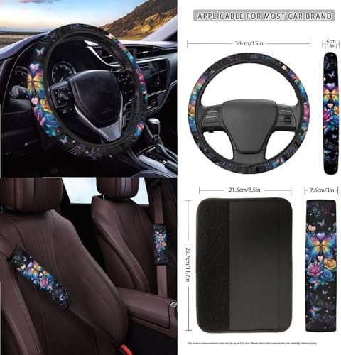 Butterfly Rose Car Seat Covers 15Pcs Full Set Car Steering Wheel Cover Seat Belt Cover Trash Bin Air Vent Storage Box Rear View Mirror Car Cup Holder Keychain Music Notes Print