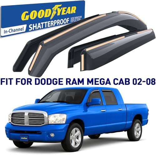 Goodyear Shatterproof in-Channel Window Deflectors for Dodge RAM 2002-2008 MegaCab, Rain Guards, Window Visors for Cars, Vent Deflector, Car Accessories, 4 pcs - GY008047