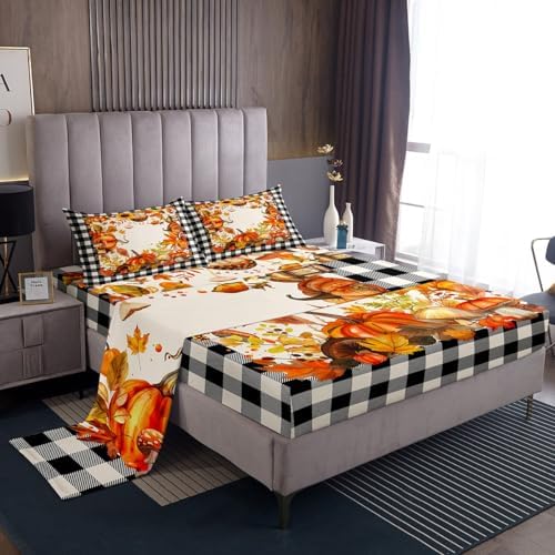 Thanksgiving Bed Sheets Fall Pumpkin Mushrooms Bedding Sheets Full Brown Buffalo Plaid Sheet Set,Autumn Harvest Season Fitted Sheet + Flat Sheet + 2 Pillow Cases,Fall Decorations For Home Bedroom by Erosebridal