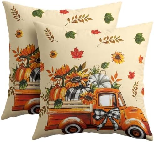 Fall Orange Truck Throw Pillow Covers 20x20 Set of 4 Buffalo Plaid Pumpkin Sunflower Thanksgiving Pillow Covers Plaid Bow Maple Leaves Pillowcase for Kitchen Sofa Cushion Outdoor Bedroom Decoration by Trongr