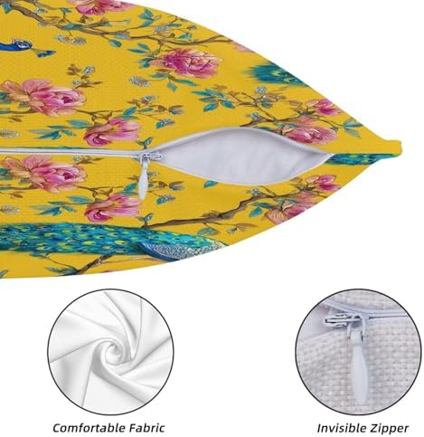 KiuLoam Chinoiserie Peacock Pillow Covers 24x24 Inch Set of 2, Vintage Floral Bird Yellow Decorative Throw Pillows, Rustic Farmhouse Outdoor Square Cushion Cases for Sofa Couch Bed Home Decor - Image 5