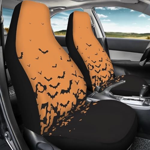 Orange Black Bat Halloween Print Car Seat Cover Colorful Cute Print Front Seat Covers 2 pcs, Vehicle Seat Protector Car Mat Covers, Fit Most Vehicle, Cars, Sedan, Truck, SUV, Van