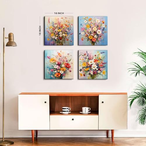 Watercolor Wildflower Wall Art Bedroom Decor Colorful Flower Pictures Canvas Prints Floral Botanical Wall Art Floral Painting Nature Poster Artwork for Living Room Bathroom Home Decoration 16x16”4Pcs - Image 6