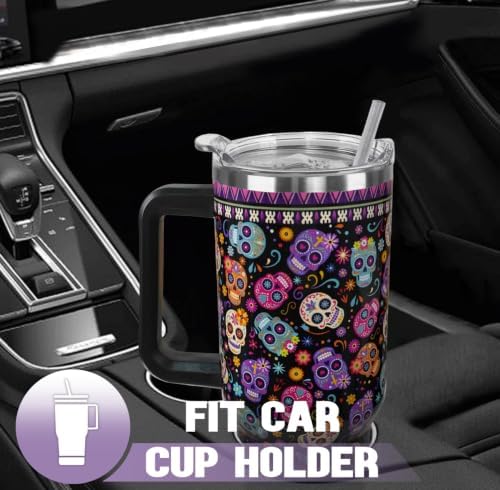 Halloween Day of the Dead Tumbler with Handle 40oz Sugar skull Coffee Travel Mug Stainless Steel Insulated Cups Halloween Dia De Los Muertos Altar Decor Gifts - Image 7