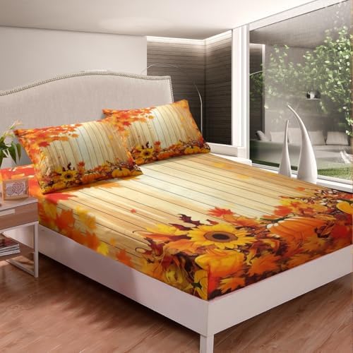 Feelyou Fall Pumpkin Bed Sheets Set Queen Size Thanksgiving Harvest Season Fruit Decor Sheet Set for Kids Boys Girls Decor Maple Leaf Sheets with Deep Pocket Fitted Sheet Orange - Image 3