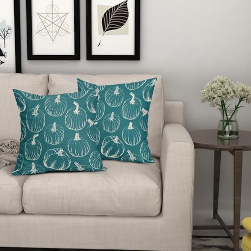Teal Fall Pumpkin Pillow Covers 22x22 Set of 2 Autumn Themed Thanksgiving Cream Print Decorative Throw Pillows Outdoor Pillowcase Farmhouse Linen Cushion Case Decor for Home Sofa Couch Bed - Image 7