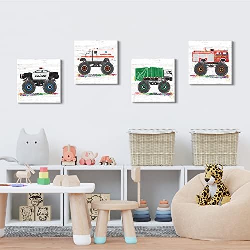 Monster Truck Room Decor Vehicles Pictures Wall Art Cartoon Car Canvas Prints for Boys Room Kids Bedroom Nursery Garbage Firetruck Ambulance Police Car Painting Artwork Home Decorations 20x20” 4 Pcs - Image 2