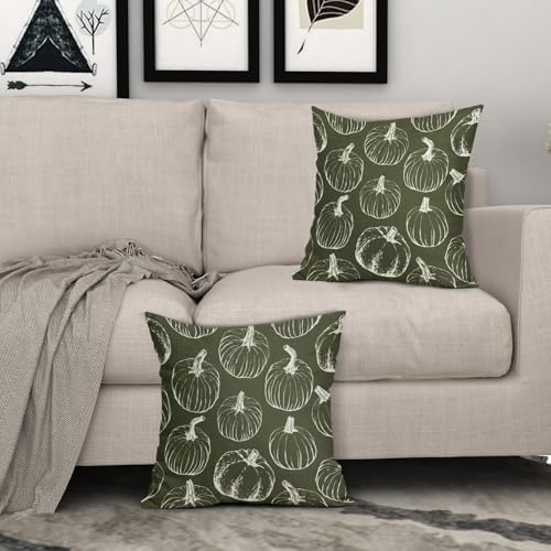 Olive Green Fall Pumpkin Pillow Covers 18x18 Set of 2 Autumn Themed Thanksgiving Cream Print Decorative Throw Pillows Outdoor PillowCase Farmhouse Linen Cushion Case Decor for Home Sofa Couch Bed - Image 3