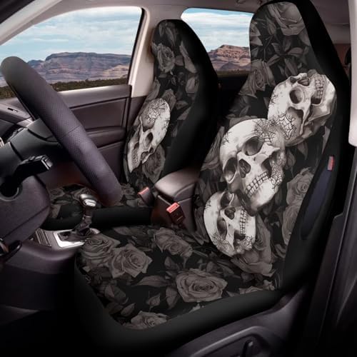 Bulopur Skull Rose Car Seat Covers Washable Waterproof Front Seats Only Auto Drive Seat Covers 2 Pack Anti-Slip Automotive Cushion Protectors Airbag Compatible for Most Cars Sedans Truck Van