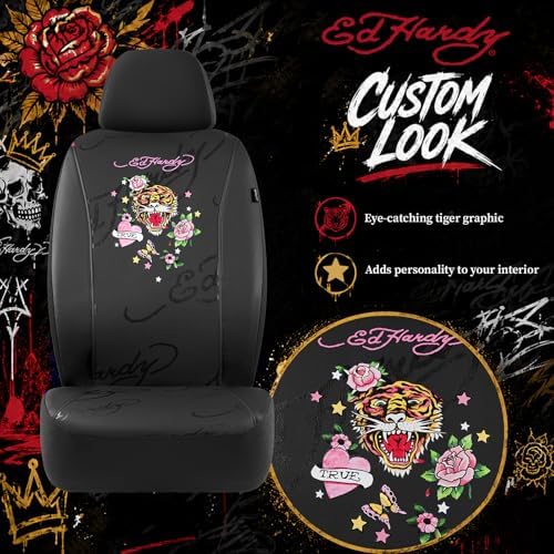 ED HARDY Tiger Print Car Seat Covers, Black Premium Leather Front Seat Covers, Universal Fit Automotive Covers for Most Cars, Trucks & SUVs, Airbag Compatible, Waterproof, Scratch Resistant
