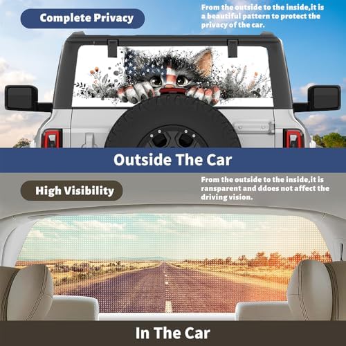 Cute Cat Rear Window Decals for Trucks, Cartoon Animal American Flag Window Decal Back Window Tint Graphic Perforated Vinyl Pickup Truck Stickers 66 x 22 inch