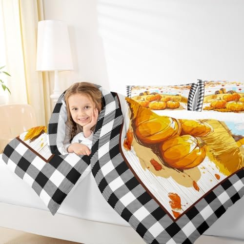 Homewish Rustic Farm Comforter Set Pumpkin Barn Door Fall Plants Harvest Theme Bedding Kids Adult Room Decor,Black White Grid Quilt Vintage Maple Tree Duvet Insert Twin Size 2Pcs (ZZRS3669ZMD-BZ_USt) - Image 3