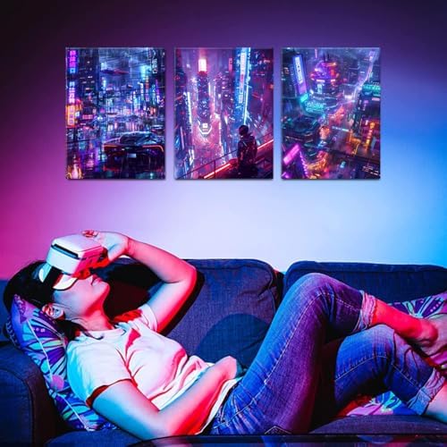 Tokyo City Anime Wall Art for Boys Bedroom Cyberpunk Decor Futuristic Street Pop Art Canvas Prints Neutral Pictures Neon Night Cityscape Paintings Men Playroom Modern Artwork Home Decoration 12x16" 3P - Image 4