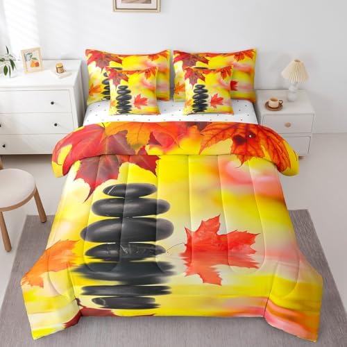 Autumn Zen Stone Twin Comforter Set 7 Pieces Reversible Comforters Twin Size Bed Set Bed in a Bag with Comforter,Fall Leaves Sheets,Pillowcases,Lake View Fall Decorations for Home Bedding Sets by Erosebridal