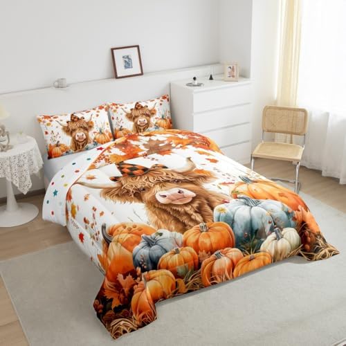 Feelyou Fall Bedding Set for Girls Boys Kids Twin Size Maple Leaves Pumpkin Comforter Cover Room Decor Highland Cow Duvet Cover Orange White Quilt Set - Image 2
