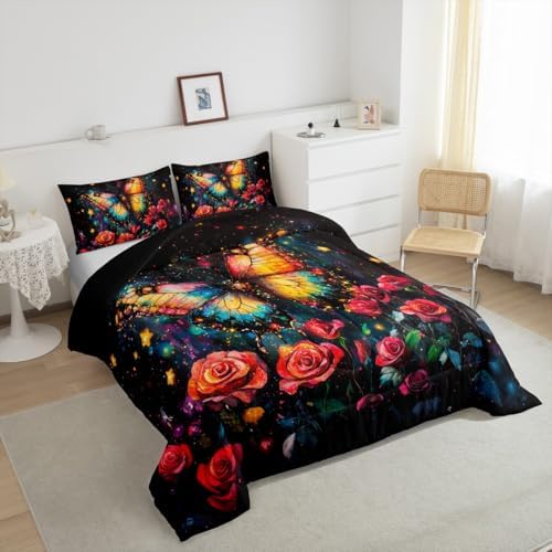 Feelyou Butterfly Bedding Set Queen Size Rose Comforter Set for Kids Boys Girls Star Print Comforter Starry Sky Duvet Set - Image 4