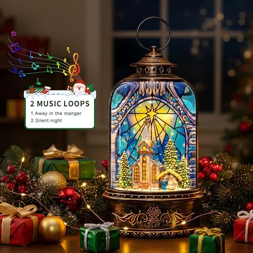 Christmas Snow Globe Lantern Water Glittering Churches & Holy Family with Music& Timer, USB Lined/Battery Operated Lighted Lantern for Christmas Festival Decoration Gifts - Image 3