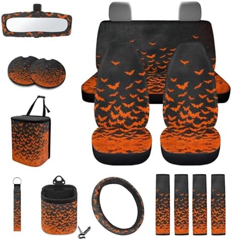 Car Seat Cover Sets Car Steering Wheel Cover Seat Belt Cover Trash Bin Air Vent Storage Box Front Rear View Mirror Car Cup Holder Keychain 15Pcs Car Accessories, Spooky Bats