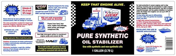 Lucas Oil Motor Additive, Pure Synthetic Oil Stabilizer, 1 gal Jug - Image 2