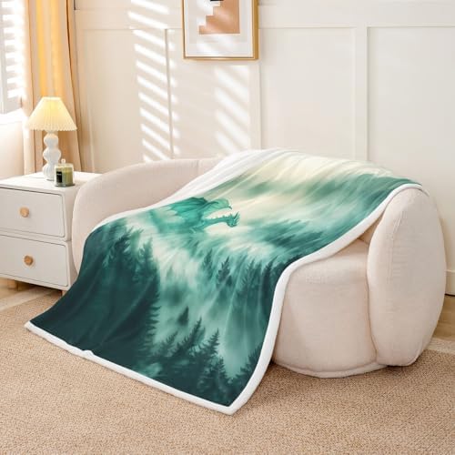 Flying Dragon Throw Blanket Misty Mountain Jungle Fleece Flannel Blankets Kids Boys Girls Room Decor Ancient Mysterious Animal Bed Blankets for Bed Sofa Couch Dark Green Plush Blanket Baby 30"x40" - Image 5