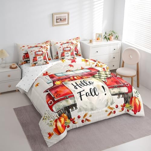 Erosebridal Happy Fall Y'all Bedding Set with Sheets Pumpkin Truck King Comforter Set 7 Piece,Rustic Farmhouse Thanksgiving Harvest Bed in A Bag for Kids Adults,Autumn Maple Leaves Bed Set - Image 3