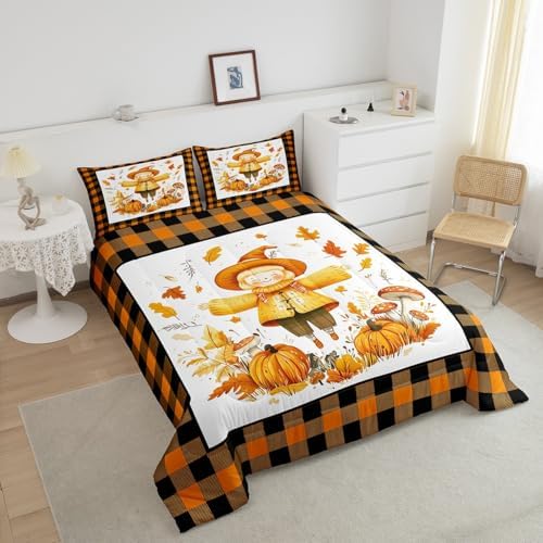 Erosebridal Fall Scarecrow Comforter Set for Kids Boys Girls Autumn Harvest Bedding Thanksgiving Pumpkins Duvet Set Black and Orange Grid Comforter Twin with 1 Pillowcase - Image 4