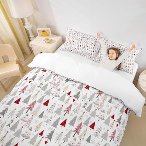 Merry Christmas Kids Duvet Cover Set Queen Size,Cartoon Pine Trees Rustic Farmhouse Bedding Set,Girls Boys Adults Room Decor,Snowflake Xmas Comforter Cover,Red Romantic Quilt Cover,2 Pillowcases - Image 3