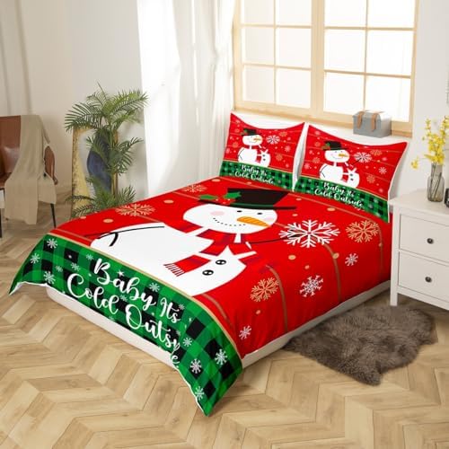 Cartoon Snowman Kids Duvet Cover Set Queen Size,Merry Christmas Snowflake Xmas Bedding Set,Girls Boys Adults Room Decor,Geometric Grids Patchwork Comforter Cover,Red Green Quilt Cover,2 Pillowcases - Image 3