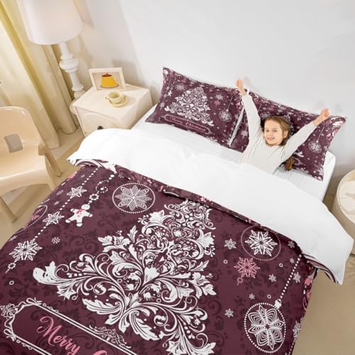 Christmas Tree Kids Duvet Cover Set Full Size,Merry Christmas Holiday Western Bedding Set,Girls Boys Adults Room Decor,Snowflake Paisley Boho Comforter Cover,Purple Retro Quilt Cover,2 Pillowcases - Image 3