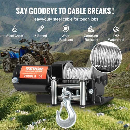 VEVOR ATV Winch, 2000 lb Electric Winch, 12V Small ATV UTV Winch with 5/32 in x 39 ft Steel Cable Roller Fairlead Wired Remote Control, IP55 Waterproof for Towing UTV ATV Car Vehicle Off-Road - Image 4
