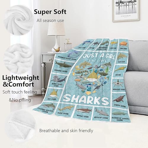 Just A Girl Who Loves Sharks Blanket Gifts for Girls Boys Women - Super Soft Cozy Warm Throw Sheet for Couch Bed Sofa Office Decor All Season 60"x80" for Adult - Image 2