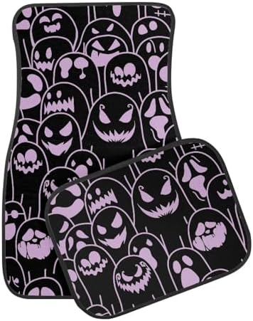 Mauve Black Ghost Print Funny Halloween Car Floor Mats 4 PCS, Cute Durable Interior Accessories for Car SUV, All Weather Floor Mats with Front Rear Trunk Liners Set for Party