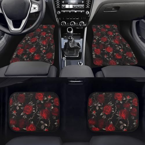 Rose Car Floor Mats 4PCS, Thorn Red Rose Rubber Non-Slip Front and Rear Floor Mats, Gothic Garden Floral All Weather Heel Pad Universal Fit SUV Van Truck