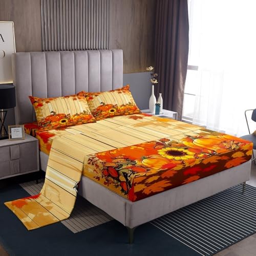 Feelyou Fall Pumpkin Bed Sheets Set King Size Thanksgiving Harvest Season Fruit Decor Sheet Set for Kids Boys Girls Decor Maple Leaf Sheets with Deep Pocket Fitted Sheet Deep Orange by Feelyou