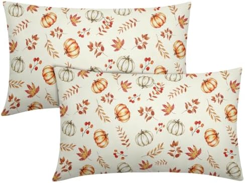 Fall Pumpkin Lumbar Pillow Covers 12x20 Set of 2 Orange Beige Maple Leaves Pattern Outdoor Throw Pillows Covers Autumn Thanksgiving Harvest Decorative Farmhouse Cushion Case for Room Couch Sofa by Unknown