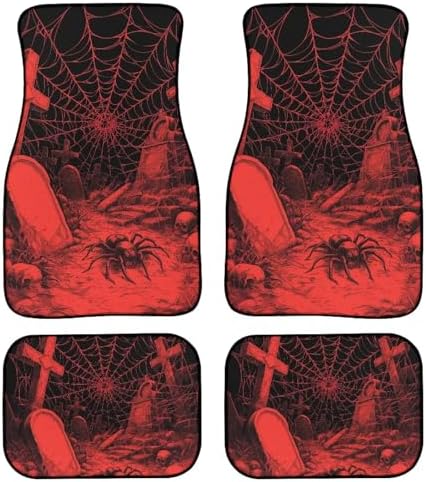 Graveyard Car Floor Mats 4PCS, Bloody Spiderweb Rubber Non-Slip Front and Rear Floor Mats, Gothic Cross Skull All Weather Heel Pad Universal Fit SUV Van Truck